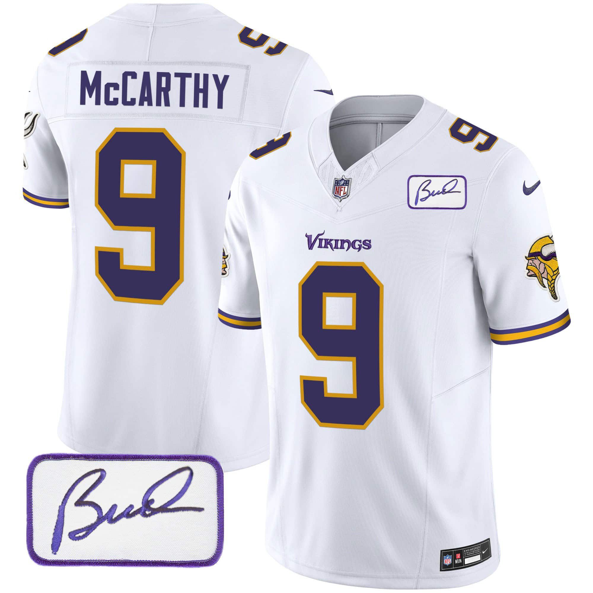 Men Minnesota Vikings #9 Mccarthy White 2024 Nike Bud Grant Patch Classic Limited NFL Jersey